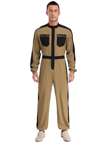 LiiYii Herren Arbeitsoverall Langarm Arbeitsanzug mit Taschen Jumpsuit Overall Halloween Klempner Kostüm Ganzkörperanzug Fasching Cosplay Khaki M von LiiYii