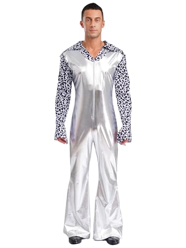 LiiYii Herren Disco Kostüm 80er Jahre Metallic Hippie Kostüm Glitzer Overall jumpsuit mit Trompetenarmel und Schlaghosen Halloween Cosply Silber XXL von LiiYii