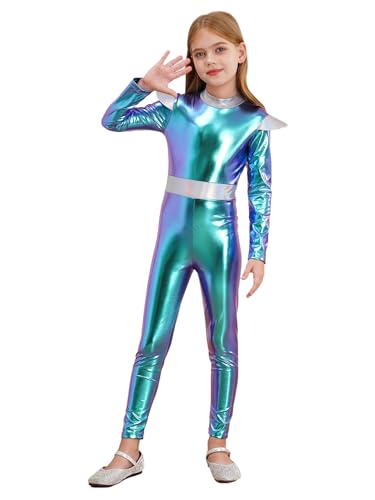 LiiYii Kind Astronauten Kostüm Mädchen Raumanzug Alien Cosplay Metallisch Enganliegend Halloween Karneval Blau 158-164 von LiiYii