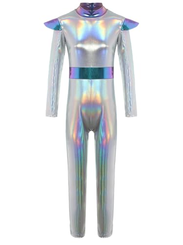 LiiYii Kind Astronauten Kostüm Mädchen Raumanzug Alien Cosplay Metallisch Enganliegend Halloween Karneval Silber 146-152 von LiiYii