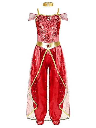 LiiYii Kind Mädchen Prinzessin Arabisch Indisch Orientalisch Kostüm Bauchtanz Halloween Cosplay Karneval Party Teenager Rot 158-164 von LiiYii