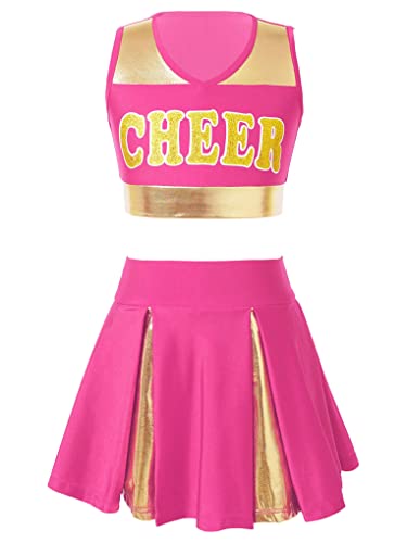 LiiYii Kinder Rollenspiel Mädchen Cheerleading Kostüme Ärmellos Karneval Halloween Performance Kostüme Knalliges Pink 146-152 von LiiYii