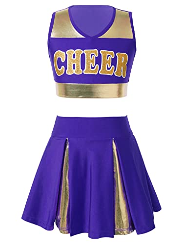 LiiYii Kinder Rollenspiel Mädchen Cheerleading Kostüme Ärmellos Karneval Halloween Performance Kostüme Lila 134-140 von LiiYii