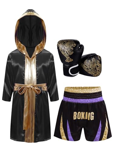 LiiYii Komplettes Boxoutfit Für Kinder Und Jugendliche Trainingsanzug Für Boxer Kapuzen Boxmantel+boxshorts+boxhandschuhe Kostüm Karneval Halloween Helles Lilagold 134-140 von LiiYii