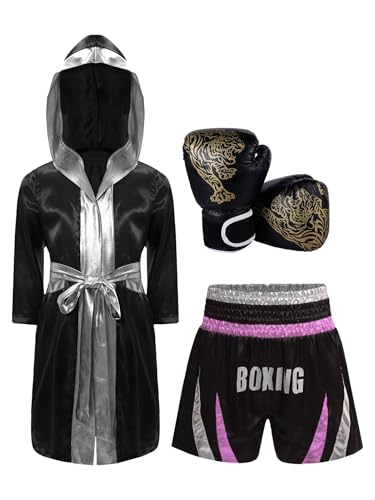 LiiYii Komplettes Boxoutfit Für Kinder Und Jugendliche Trainingsanzug Für Boxer Kapuzen Boxmantel+boxshorts+boxhandschuhe Kostüm Karneval Halloween Rosa Silber 158-164 von LiiYii