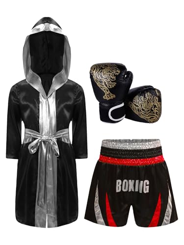 LiiYii Komplettes Boxoutfit Für Kinder Und Jugendliche Trainingsanzug Für Boxer Kapuzen Boxmantel+boxshorts+boxhandschuhe Kostüm Karneval Halloween Rot Silber 146-152 von LiiYii