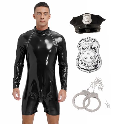 LiiYii Lederner Erotischer Bodysuit Für Herren Langärmeliger Leotard Deluxe Polizei Kostüm Mit Polizeimütze Handschellen Abzeichen Karneval Cosplay Schwarz 3XL von LiiYii