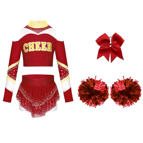 LiiYii Mädchen Kinderkostüm Uniform Crop Top Und Rock Mit Glitzernden Pompons Karneval Party Burgund 122-128 LiiYii Mädchen Kinderkostüm Uniform Crop Top Und Rock Mit Glitzernden Pompons Karneval Party Burgund 122-128 von LiiYii