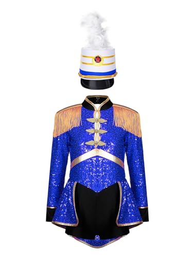 LiiYii Majorette Band Kostüm Für Mädchen Zirkus Dompteur Kostüm Ringmaster Outfit Zirkus Moderator Uniform Spielzeugsoldat Für Karneval Königsblau B 110-116 von LiiYii