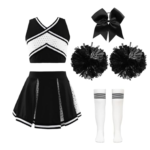 LiiYii Stücke Kinder Mädchen Kostüm Pompon Girl Crop Top Und Rock Mit Glitzernden Pompons Karneval Party Kostüm Ein Weiß-Schwarz 146-152 von LiiYii
