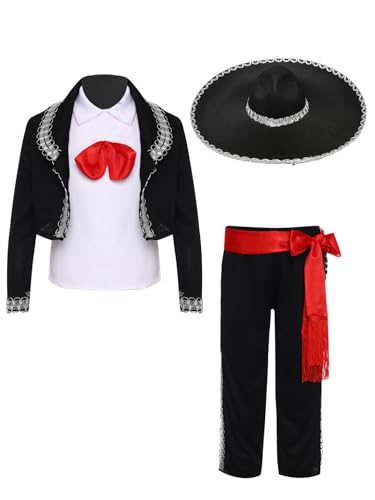 LiiYii Traditionelle Mariachi Kostüm Show Stück Kinder Halloween Mexiko Rollenspiel Weste Hose Jacke Gürtel Und Hut Set Schwarz 158-164 LiiYii Traditionelle Mariachi Kostüm Show Stück Kinder Halloween Mexiko Rollenspiel Weste Hose Jacke Gürtel Und Hut Set Schwarz 158-164 von LiiYii