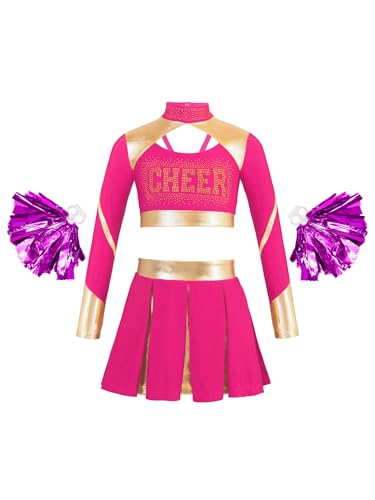 LiiYii Uniform Für Kinder Crop Top Mit Strass Mini Rock Mit Falten Und Pompons Cheerleading Kostüm Für High School Musical Thema Knalliges Pink 158-164 LiiYii Uniform Für Kinder Crop Top Mit Strass Mini Rock Mit Falten Und Pompons Cheerleading Kostüm Für High School Musical Thema Knalliges Pink 158-164 von LiiYii