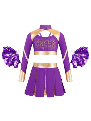 LiiYii Uniform Für Kinder Crop Top Mit Strass Mini Rock Mit Falten Und Pompons Cheerleading Kostüm Für High School Musical Thema Lila 158-164 LiiYii Uniform Für Kinder Crop Top Mit Strass Mini Rock Mit Falten Und Pompons Cheerleading Kostüm Für High School Musical Thema Lila 158-164 von LiiYii