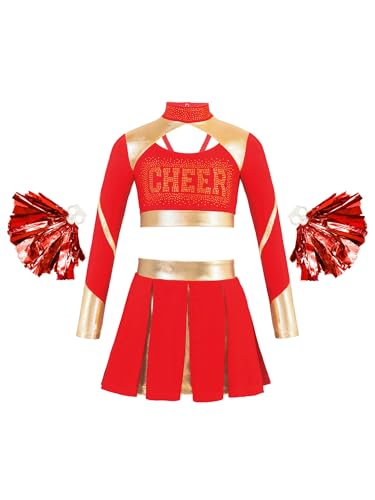 LiiYii Uniform Für Kinder Crop Top Mit Strass Mini Rock Mit Falten Und Pompons Cheerleading Kostüm Für High School Musical Thema Rot 146-152 LiiYii Uniform Für Kinder Crop Top Mit Strass Mini Rock Mit Falten Und Pompons Cheerleading Kostüm Für High School Musical Thema Rot 146-152 von LiiYii