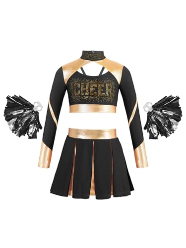 LiiYii Uniform Für Kinder Crop Top Mit Strass Mini Rock Mit Falten Und Pompons Cheerleading Kostüm Für High School Musical Thema Schwarz 158-164 LiiYii Uniform Für Kinder Crop Top Mit Strass Mini Rock Mit Falten Und Pompons Cheerleading Kostüm Für High School Musical Thema Schwarz 158-164 von LiiYii