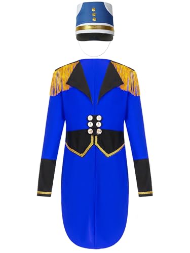LiiYii Zirkusmoderator Kostüm Für Kinder Löwenbändiger Kostüm Mit Hut Frack Jacke Showman Frack Mantel Mit Quaste Uniform Für Blaskapelle Königsblau A 146-152 von LiiYii