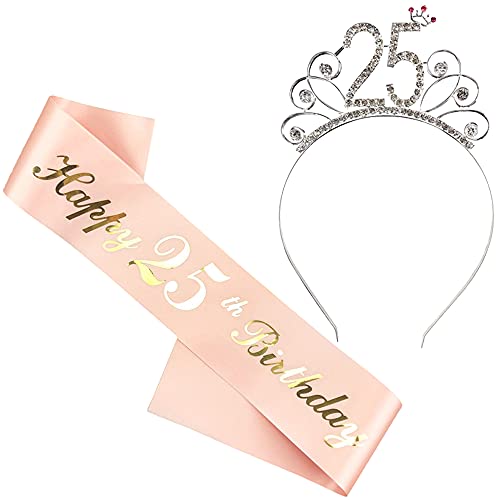 Liitata Rose Gold 25. Geburtstag Tiara Set - Kristall Tiara & Satin Schärpe mit 'Happy 25th Birthday' - Party Accessoires für Frauen, die ihren 25. Geburtstag feiern von Liitata