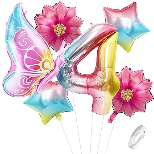Liitata 4. Schmetterling Geburtstagsdeko Schmetterling Luftballon Set Regenbogen Zahl 4 Folienballon Fliegender Schmetterling Luftballon Sonnenblume Ballon für Mädchen Geburtstag Party von Liitata