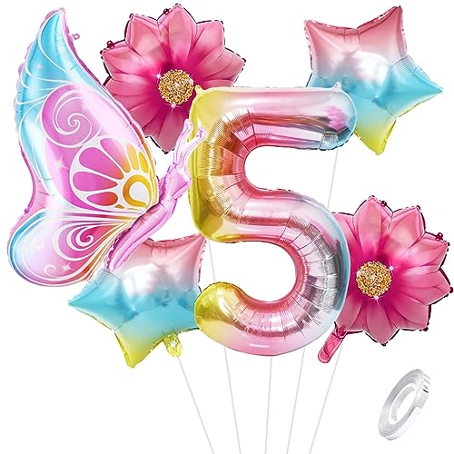 Liitata 5. Schmetterling Geburtstagsdeko Schmetterling Luftballon Set Regenbogen Zahl 5 Folienballon Fliegender Schmetterling Luftballon Sonnenblume Ballon für Mädchen Geburtstag Party von Liitata