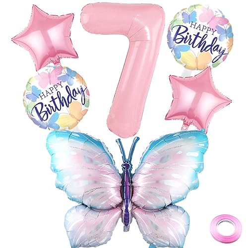 Liitata 7. Schmetterling Geburtstagsdeko Schmetterling Luftballon Set Rosa Zahl 7 Folienballon Große Bunte Schmetterling Luftballon Happy Birthday Butterfly Ballon für Mädchen Geburtstag Party von Liitata