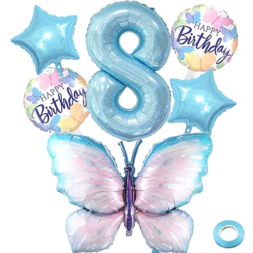 Liitata 8. Schmetterling Geburtstagsdeko Schmetterling Luftballon Set Blau Zahl 8 Folienballon Große Bunte Schmetterling Luftballon Happy Birthday Butterfly Ballon für Mädchen Geburtstag Party von Liitata