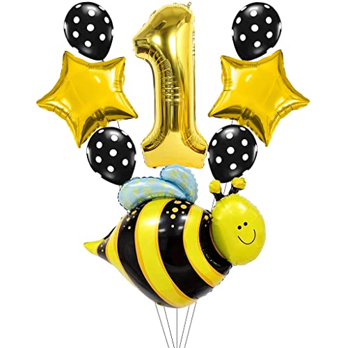 Liitata Bienen Luftballon Set 1. Kinder Geburtstag Deko Zahl 1 Folienballon Gold Süß Große Bienen Luftballon Stern Ballon Polka Dot Latexballon für Baby Shower Mädchen Geburtstag Party Deko von Liitata