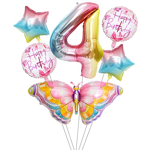 Liitata Schmetterling Luftballon Set 4. Kinder Geburtstag Deko Zahl 4 Folienballon Regenbogen Große Bunte Schmetterling Luftballon Happy Birthday Butterfly Ballon für Mädchen Geburtstag Party Deko von Liitata