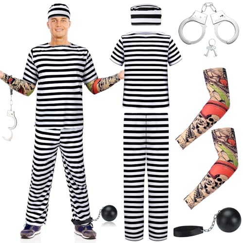 Liitrsh 4-teiliges Halloween-Gefangenen-Kostüm, gestreifter Gefängnis-Overall mit Tattoo-Ärmeln, Handschelle und Fußmanschette (Medium) von Liitrsh
