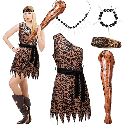 Liitrsh 5-teiliges Halloween-Kostüm-Set für Damen, Höhlenmensch-Kostüm-Set, Leopardenmuster, Höhlenfrauenkostüm mit Haarreif, Dschungel-Halskette, Zahnknochen-Armband, aufblasbare Höhle, Fledermaus von Liitrsh