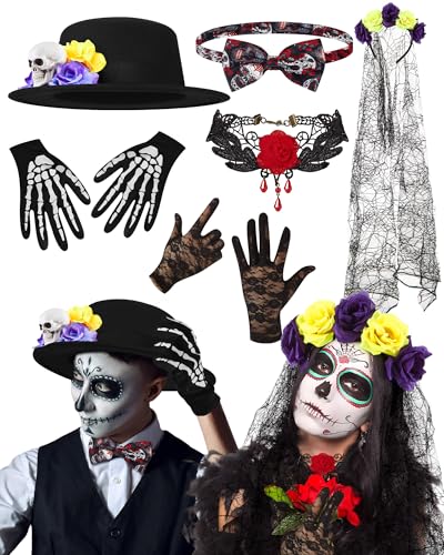 Liitrsh Dia De Los Muertos Kostüm Set Tag der Toten Skelett Spitze Handschuhe Rose Stirnband mit Schleier Choker Halloween 6-teilig, Violett / Gelb, Einheitsgröße von Liitrsh