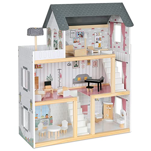 Lil' Jumbl Kinder Holzpuppenhaus, 17-teiliges Zubehör & Möbel enthalten, mit Balkon & Treppe, 3-stöckiges einfach aufzubauendes Puppenhaus-Spielzeug von Lil' Jumbl