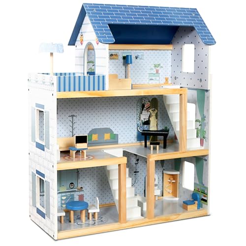 Lil' Jumbl Puppenhaus aus Holz, 17-teiliges Zubehör und Möbel sind enthalten, mit Balkon & Treppe, 3-stöckig, einfach zu montierendes Puppenhausspielzeug - Blau von Lil' Jumbl