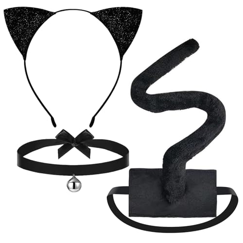 Lilbitty 3er Set Katzenohren Haarreif, Katzenschwanz und Glöckchen Halsband, Schwarz, Catwoman Kostüm für Damen, Katzenkostüm Kinder, Cosplay Zubehör für Halloween und Fasching Lilbitty 3er Set Katzenohren Haarreif, Katzenschwanz und Glöckchen Halsband, Schwarz, Catwoman Kostüm für Damen, Katzenkostüm Kinder, Cosplay Zubehör für Halloween und Fasching von Lilbitty