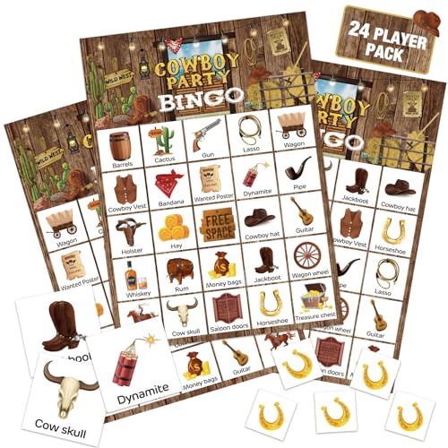 Liliful Western-Cowboy-Bingo-Karten für 24 Spieler, Cowboy-Bingo-Spiele, Wilder Westen, Partyspiele für Kinder, Jungen, Mädchen, Erwachsene, Familie, Klassenzimmer, Aktivität, Geburtstag, Babyparty Liliful Western-Cowboy-Bingo-Karten für 24 Spieler, Cowboy-Bingo-Spiele, Wilder Westen, Partyspiele für Kinder, Jungen, Mädchen, Erwachsene, Familie, Klassenzimmer, Aktivität, Geburtstag, Babyparty von Liliful