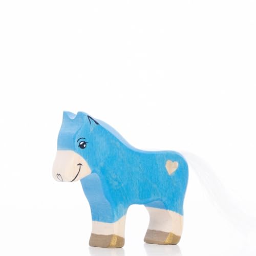 Lilu® Einhorn Pony Fohlen mit leuchtendem Herz, Mähne und Schweif, Fabelwelt Holztiere handbemalt, Holzspielzeug aus FSC®-Holz, EN71 und DEKRA Zertifiziert Spielfigur für Kinder (Blau) von Lilu