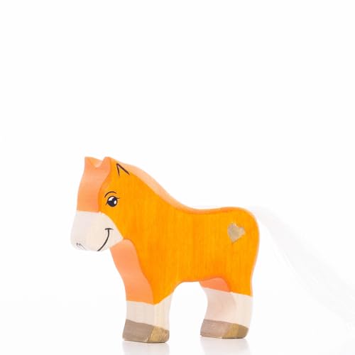 Lilu® Einhorn Pony Fohlen mit leuchtendem Herz, Mähne und Schweif, Fabelwelt Holztiere handbemalt, Holzspielzeug aus FSC®-Holz, EN71 und DEKRA Zertifiziert Spielfigur für Kinder (Orange) von Lilu