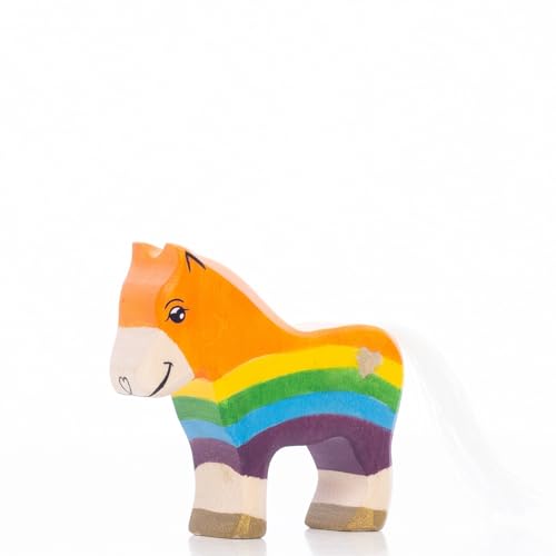Lilu® Einhorn Pony Fohlen mit leuchtendem Herz, Mähne und Schweif, Fabelwelt Holztiere handbemalt, Holzspielzeug aus FSC®-Holz, EN71 und DEKRA Zertifiziert Spielfigur für Kinder (Regenbogen) von Lilu