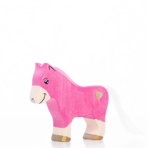 Lilu® Einhorn Pony Fohlen mit leuchtendem Herz, Mähne und Schweif, Fabelwelt Holztiere handbemalt, Holzspielzeug aus FSC®-Holz, EN71 und DEKRA Zertifiziert Spielfigur für Kinder (Rosa) von Lilu