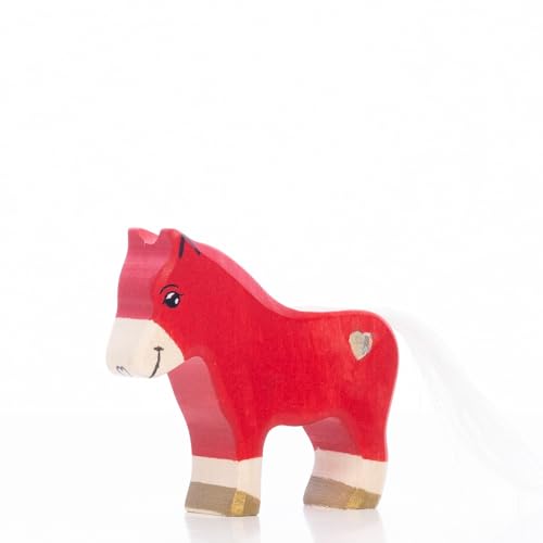 Lilu® Einhorn Pony Fohlen mit leuchtendem Herz, Mähne und Schweif, Fabelwelt Holztiere handbemalt, Holzspielzeug aus FSC®-Holz, EN71 und DEKRA Zertifiziert Spielfigur für Kinder (Rot) von Lilu