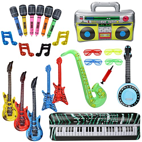 Lilwemen 24-teiliges aufblasbares Rockstar-Spielzeug-Set, aufblasbare Gitarre, Saxophon, Mikrofon, Klavier, Radio, Ghettoblaster, Luftballons, lustige Musikinstrumente, Zubehör für Kinder, Party von Lilwemen