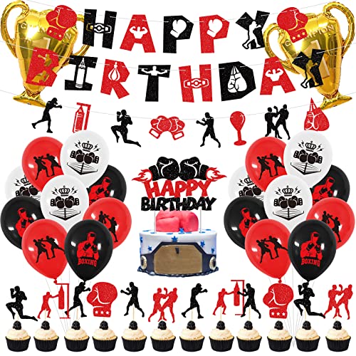 Boxen Geburtstag Party Dekorationen, Boxer Boxen Match Kampf Sport Party Supplies - Boxen Happy Birthday Banner, Luftballons, Cake Topper, Wrestling Boxing Match Party Supplies für Männer Jungen von Lilwemen