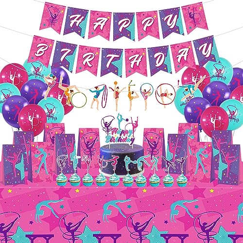 Gymnastik Geburtstag Party Dekorationen, einschließlich Happy Birthday Banner Cake Toppers Tischdecke Geschenk-Taschen Luftballons, Gymnastik Party Zubehör für Ihre kleinen Tanz-Turner, Baby Shower von Lilwemen