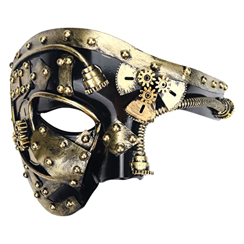 Lilwemen Steampunk Metall Cyborg Venezianische Maske, Cyberpunk Maske Maskerade Maske für Männer, Phantom der Oper Maske(Gold) von Lilwemen