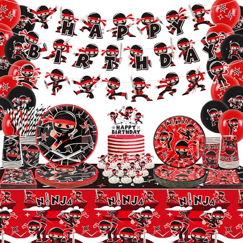 Ninja Geburtstag Party Dekoration, Ninja Happy Birthday Banner, Geschirr, Tischdecke und Luftballons, Karate Party Ninja Warrior Master Party Supplies für Jungen Mädchen, serviert 20 Ninja Geburtstag Party Dekoration, Ninja Happy Birthday Banner, Geschirr, Tischdecke und Luftballons, Karate Party Ninja Warrior Master Party Supplies für Jungen Mädchen, serviert 20 von Lilwemen