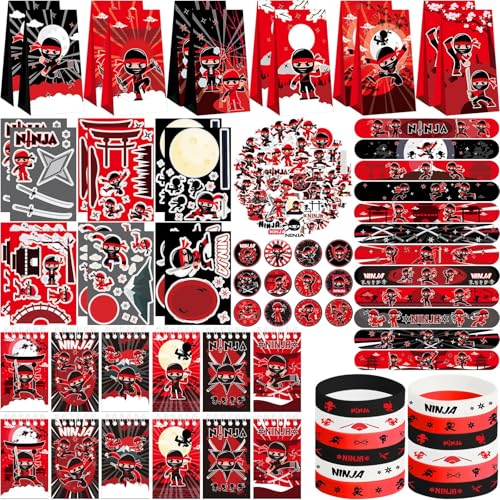 Ninja Party Favors - Ninja Geburtstag Party Dekorationen Zubehör für Ihre kleinen Ninja Krieger, einschließlich Notebook, Geschenk-Taschen, Slap Armbänder, Gummi-Armbänder, Aufkleber, Button Pin Ninja Party Favors - Ninja Geburtstag Party Dekorationen Zubehör für Ihre kleinen Ninja Krieger, einschließlich Notebook, Geschenk-Taschen, Slap Armbänder, Gummi-Armbänder, Aufkleber, Button Pin von Lilwemen