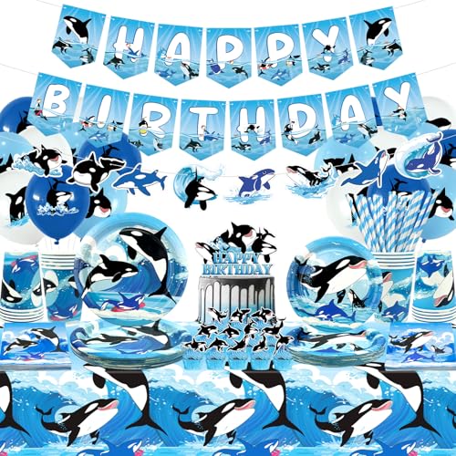 Ozean Orca Party Dekorationen - Orca Happy Birthday Banner, Cake Toppers, Geschirr, Tischdecke und Luftballons für Killer Whales Party Supplies Under The Sea, serviert 20 Ozean Orca Party Dekorationen - Orca Happy Birthday Banner, Cake Toppers, Geschirr, Tischdecke und Luftballons für Killer Whales Party Supplies Under The Sea, serviert 20 von Lilwemen