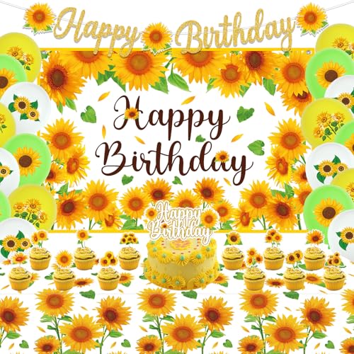 Sonnenblume Geburtstag Party Dekoration, umfassen alles Gute zum Geburtstag Banner, Kulisse, Kuchen Topper, Tischdecke und Luftballons, Sonnenblume Party Supplies für Frauen Mädchen Baby Dusche von Lilwemen
