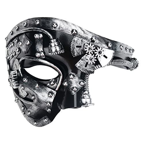 Steampunk Metall Cyborg Venezianische Maske, Cyberpunk Maske Maskerade Maske für Männer, Phantom der Oper Maske (Silber) von Lilwemen