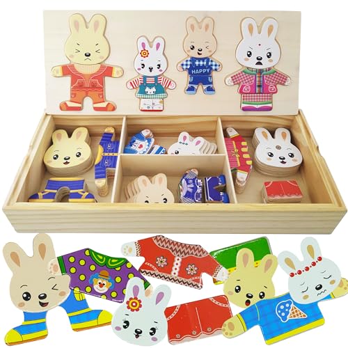 LilyBeauty Holzhasen-Familie-Anzieh-Puzzle-Kiste für Kleinkinder (72 Stück), Kleidungs-Puzzle-Spiele, Vorschul-Lernaktivitäten-Spielzeug für Kinder ab 3 Jahren (Kleiner Hase) von LilyBeauty