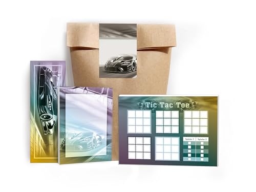 10 Lesezeichen + 10 Mini-Notizblöcke A7 + 10 Tic Tac Toe A6 je 25 Blätter + 10 Tüten + 10 Aufkleber Set Gastgeschenk Mitgebsel zum Kindergeburtstag Motto-Party Teenies Mädels Jungs Auto Rennauto von Limonia